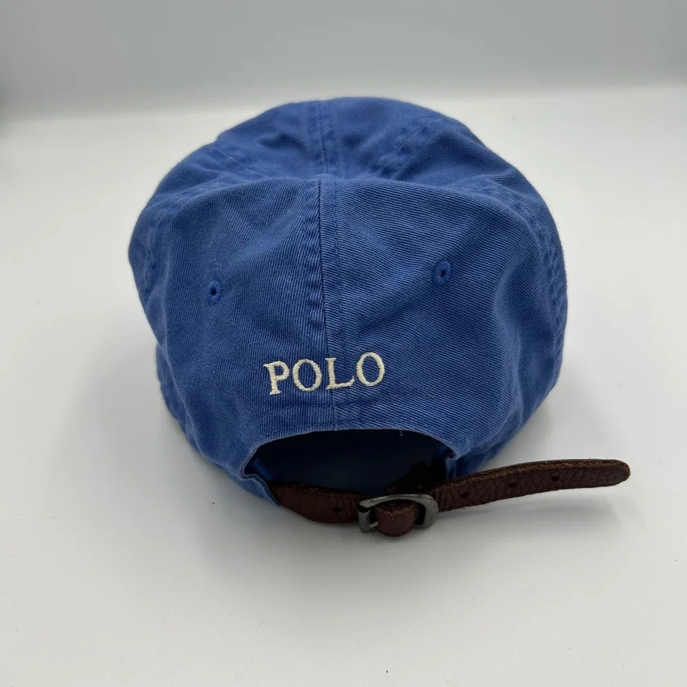 Polo Ralph Lauren Hat Mens OS Blue Leather Strapback Pony Logo Baseball Cap